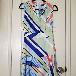 PARKER silk blue white multicolored sleeveless tie neck fitted waist dress small